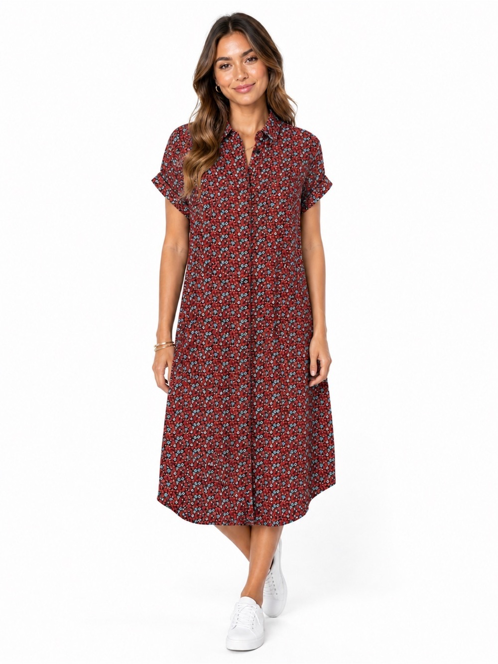 NWT XS Wildfang Empower Short Sleeve Button Down Rust Red Midi Floral Dress